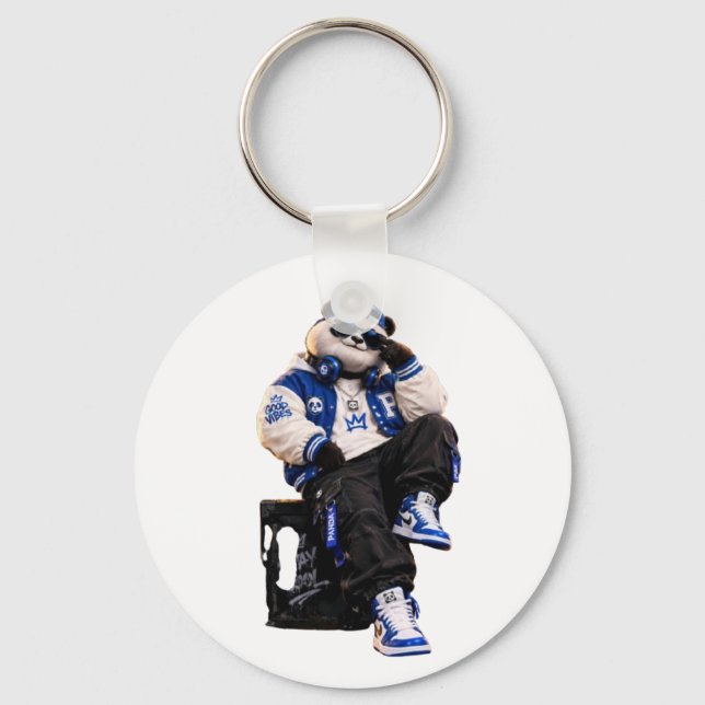 Cool Hip Hop Teddy Bear Round Pin Back Button Key Ring (Front)
