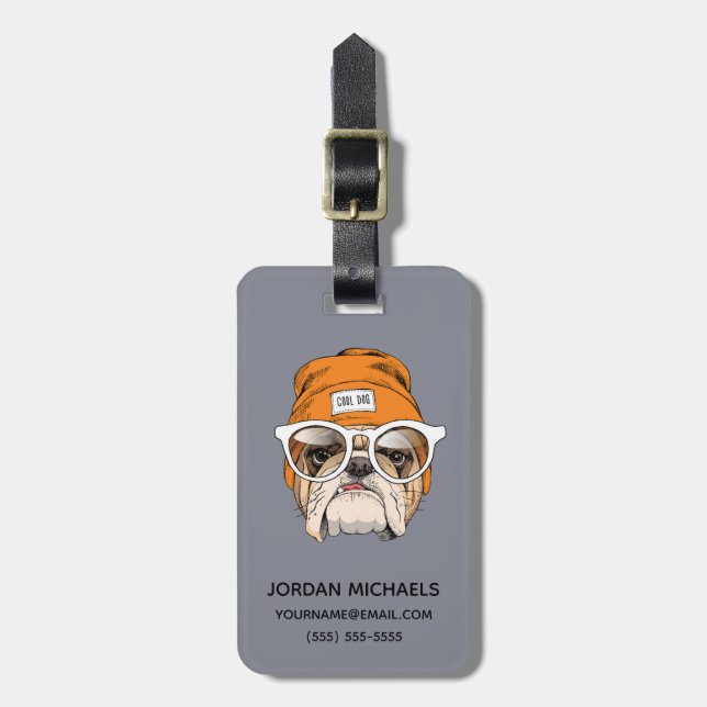 Cool Hipster Bulldog | Add Your Name Luggage Tag (Front Vertical)