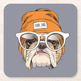 Cool Hipster Bulldog Square Paper Coaster