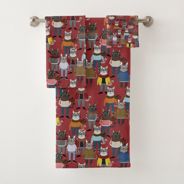 Cool Hipster Cat Pattern Bath Towel Set (Insitu)