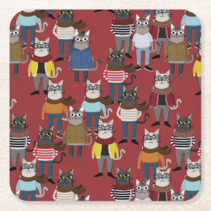 Cool Hipster Cat Pattern Square Paper Coaster