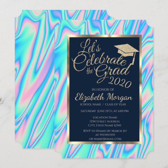 Cool Holographic Glitter Graduation Cap Graduation Invitation (Front/Back)
