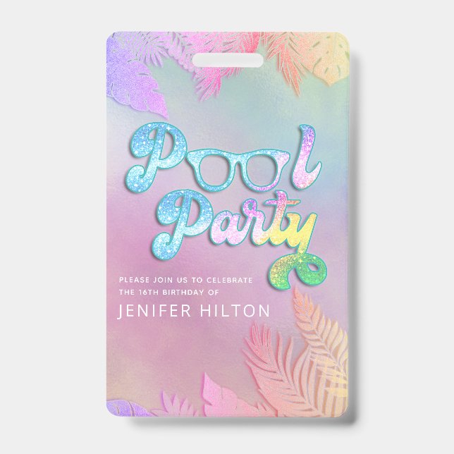 Cool holographic tropical leaves script pool party ID badge (Front)