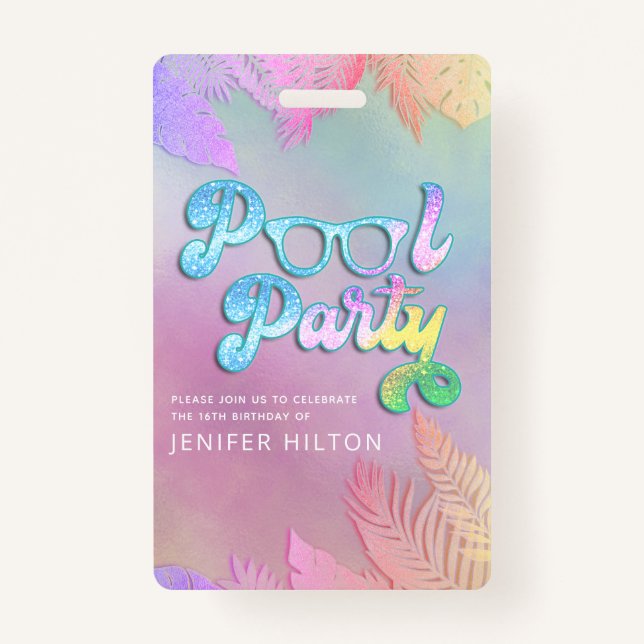 Cool holographic tropical leaves script pool party ID badge (Front)