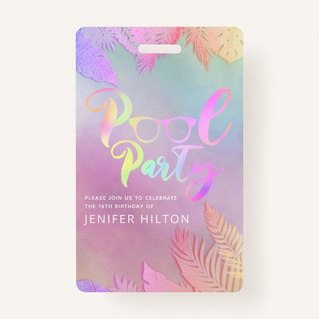 Cool holographic tropical leaves script pool party ID badge (Front)