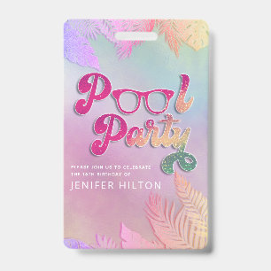 Cool holographic tropical leaves script pool party ID badge