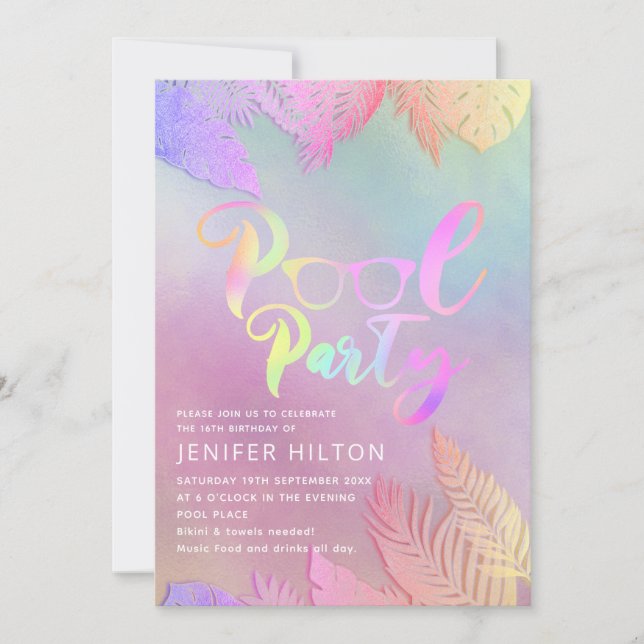 Cool holographic tropical leaves script pool party invitation (Front)