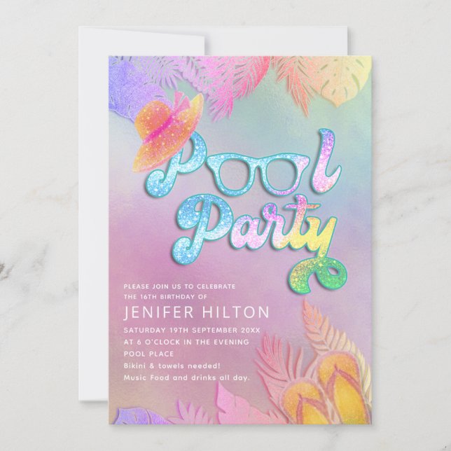 Cool holographic tropical leaves script pool party invitation (Front)