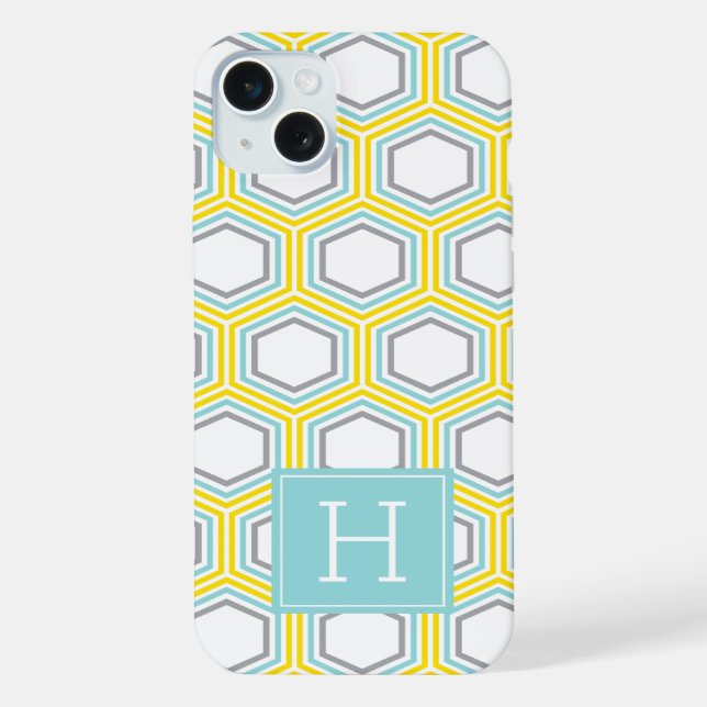 Cool Honeycomb Pattern and Aqua Monogram iPhone Case (Back)