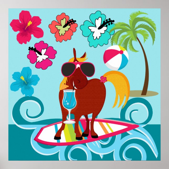 Cool Horse Surfer Dude Summer Fun Beach Party Poster (Front)