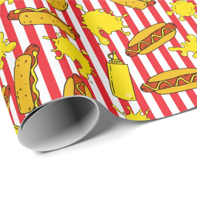 Cool Hot Dogs Mustard Splashes Red White Stripes Wrapping Paper (Roll Corner)