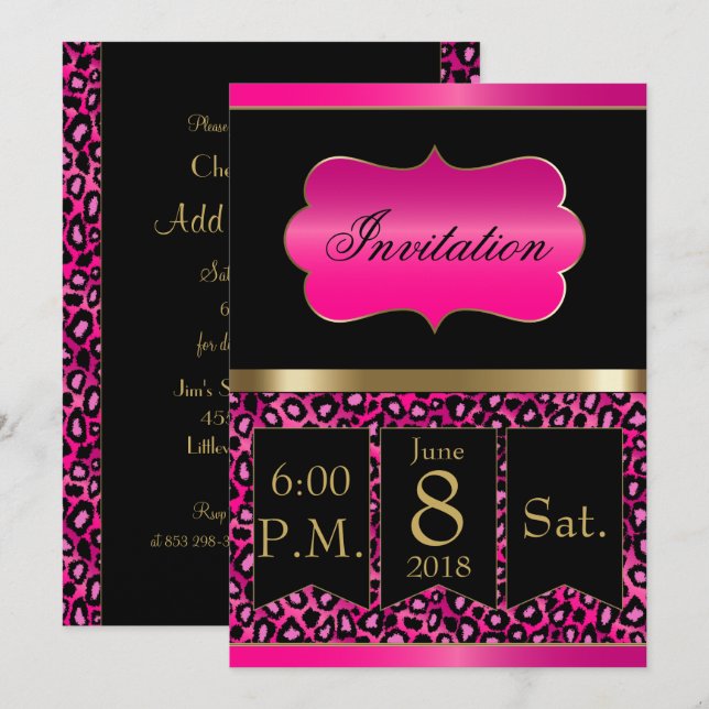 Cool Hot Pink & Black Leopard Party Invitation (Front/Back)