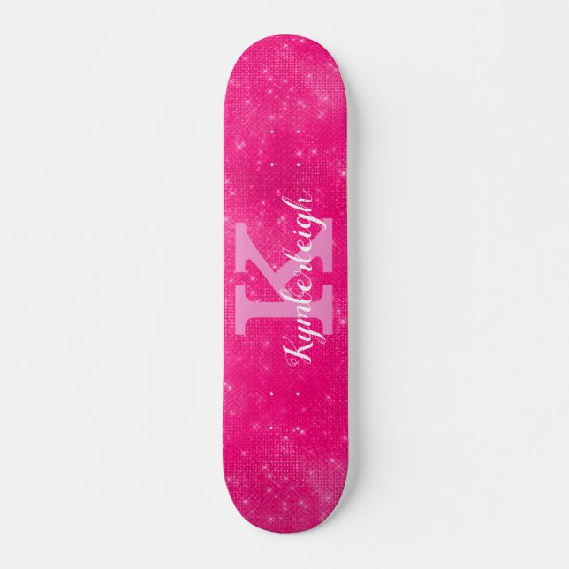 Cool Hot Pink Glam Diamond Sparkle Monogram Name Skateboard (Front)