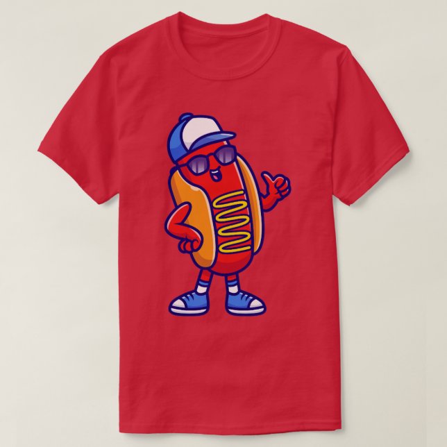 Cool Hotdog Wearing Sunglasses And Hat Cartoon T-Shirt (Design Front)