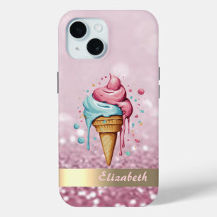 Cool Ice Cream Dripping Glitter Bokeh iPhone 15 Case