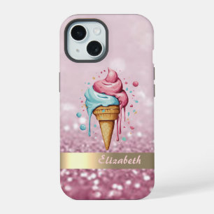 Cool Ice Cream Dripping Glitter Bokeh iPhone 15 Case