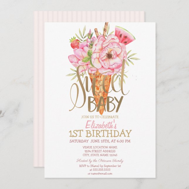 Cool Ice Cream Fruits Striped Birthday  Invitation (Front/Back)