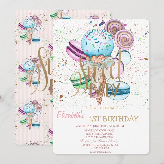 Cool Ice Cream Macaroons Striped Birthday   Invitation (Front/Back)