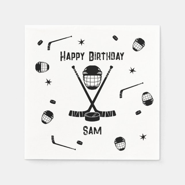 Cool Ice Hockey Black and White Birthday Party Napkin (Front)