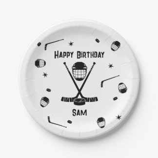 Cool Ice Hockey Black and White Birthday Party Paper Plate