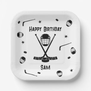 Cool Ice Hockey Black and White Birthday Party Paper Plate