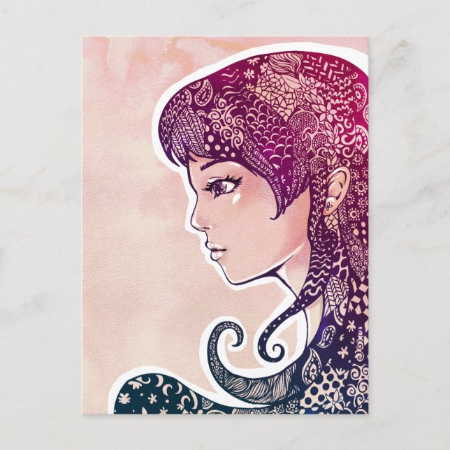 Cool Inked Girl with Patterned Gradient Hair Postcard (Front)