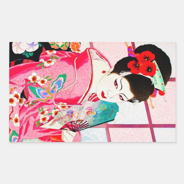 Cool japanese beauty Lady Geisha pink Fan art Rectangular Sticker (Front)