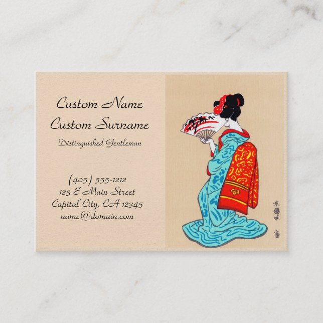 Cool japanese classic geisha lady kimono fan business card (Front)