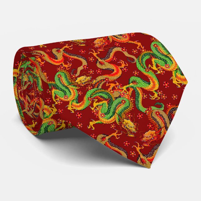 cool Japanese dragon tiled pattern neck tie (Rolled)