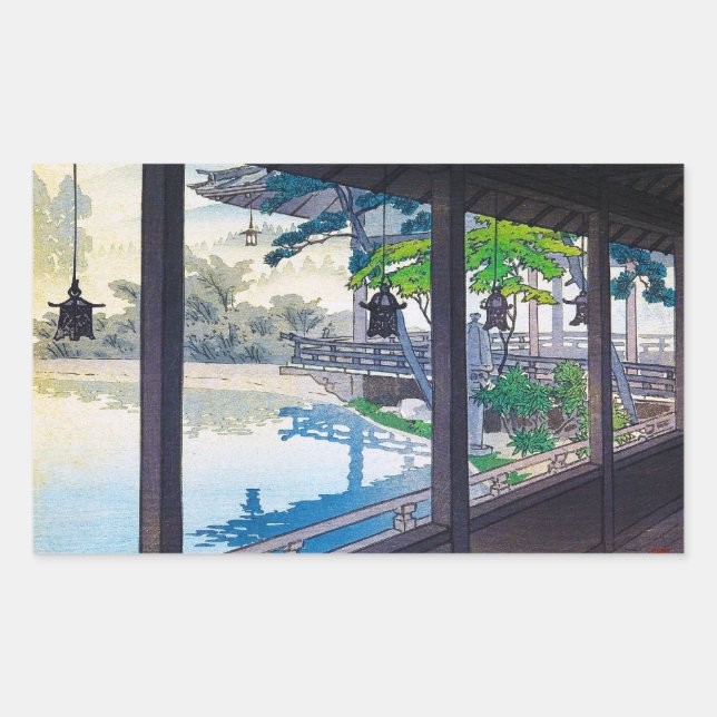Cool japanese garden lake mountain scenery rectangular sticker (Front)