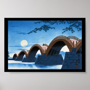 Cool japanese great bridge waterscape night moon poster