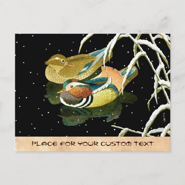 Cool japanese mandarina duck black pond snow postcard (Front)