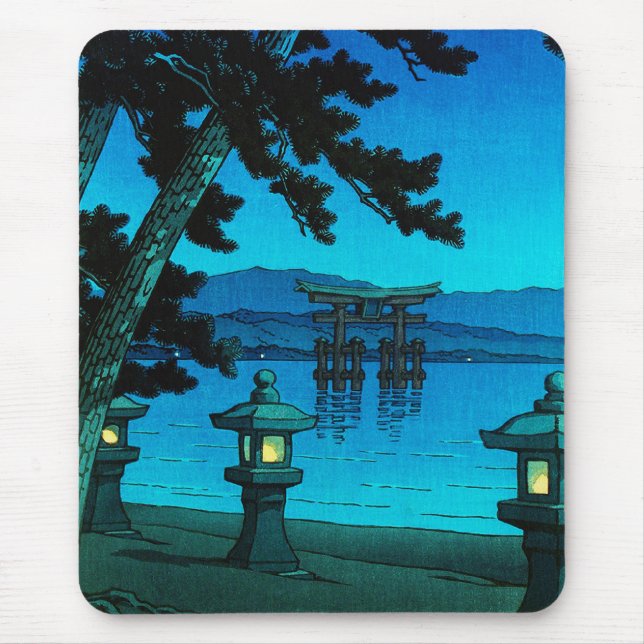 Cool japanese moonlit night gate sea hasui kawase mouse mat (Front)