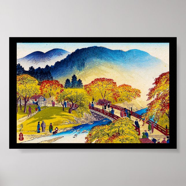 Cool japanese mountain fall river bridge scenery poster (Front)