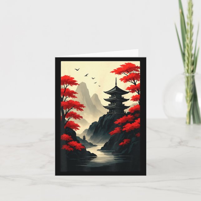 Cool Japanese Pagoda Castle Mountain Landscape Gra Card (Front)