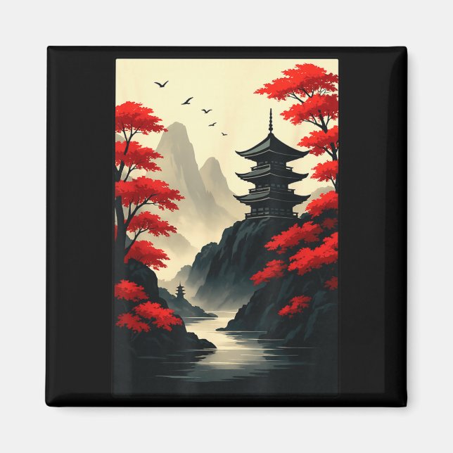 Cool Japanese Pagoda Castle Mountain Landscape Gra Magnet (Front)