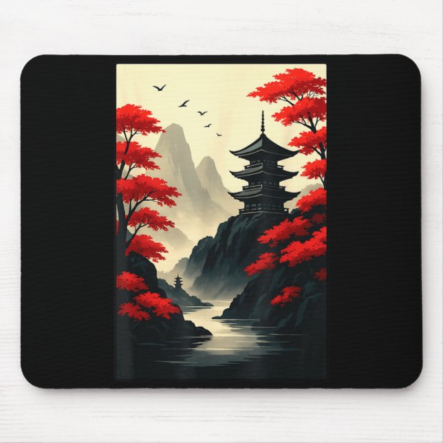 Cool Japanese Pagoda Castle Mountain Landscape Gra Mouse Mat (Front)