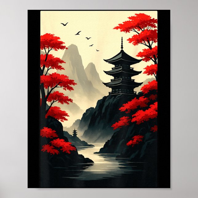Cool Japanese Pagoda Castle Mountain Landscape Gra Poster (Front)