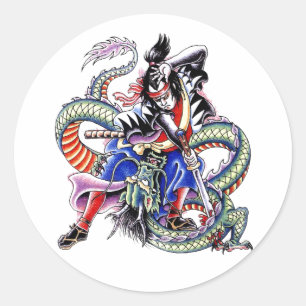 Cool Japanese Samurai Fight Dragon tattoo Classic Round Sticker