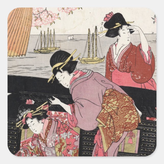 Cool japanese ukiyo-e trio geisha lady scroll square sticker (Front)