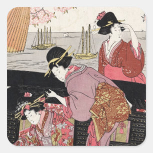 Cool japanese ukiyo-e trio geisha lady scroll square sticker