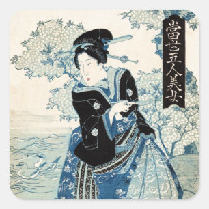 Cool japanese vintage ukiyo-e geisha lady woman square sticker