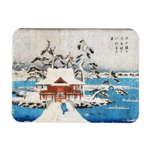 Cool japanese vintage ukiyo-e lake shrine snow magnet