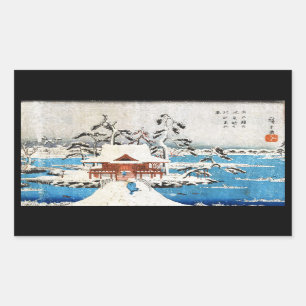 Cool japanese vintage ukiyo-e lake shrine snow rectangular sticker