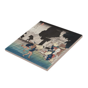 Cool japanese vintage ukiyo-e rainy day scene tile