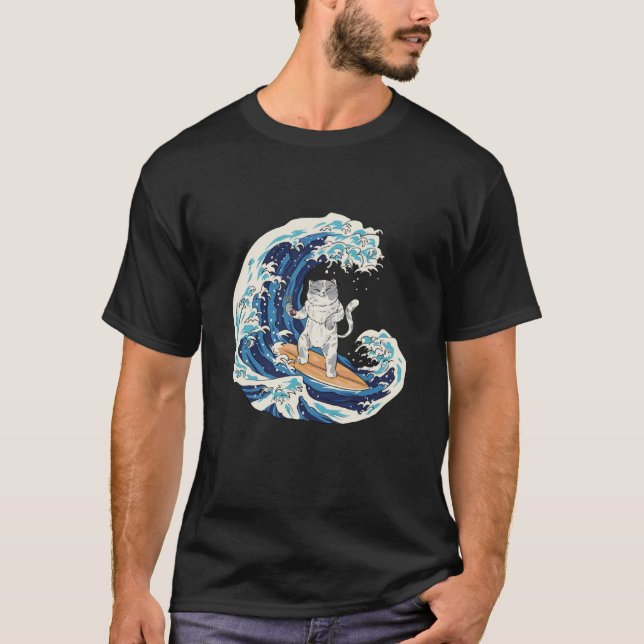 Cool Japanese Wave Cat Surfing T-Shirt (Front)