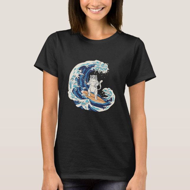 Cool Japanese Wave Cat Surfing T-Shirt (Front)