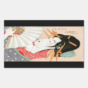 Cool japanese woodprint geisha with fan art rectangular sticker