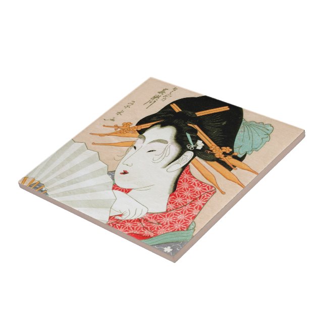 Cool japanese woodprint geisha with fan art tile (Side)