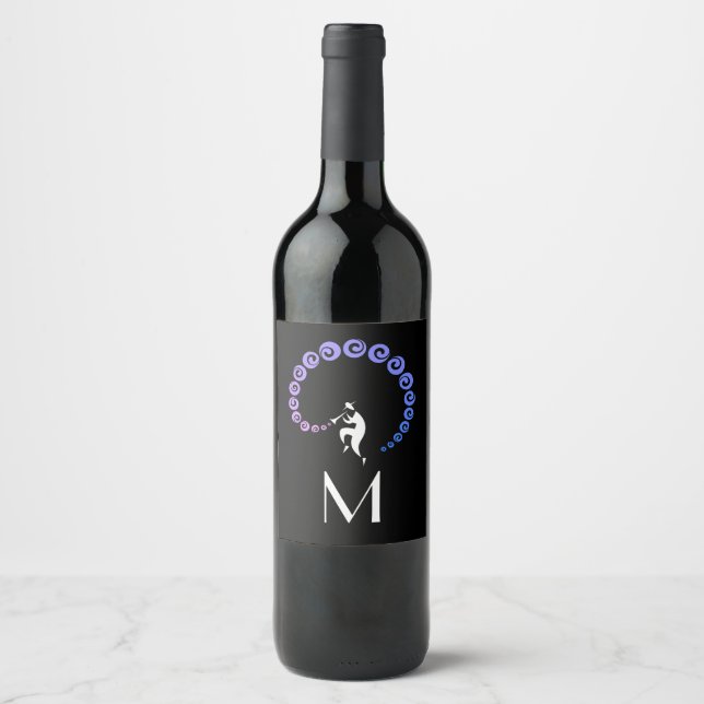 Cool Jazz Trumpet Musician Monogram Blue Lilac Wine Label (Front)
